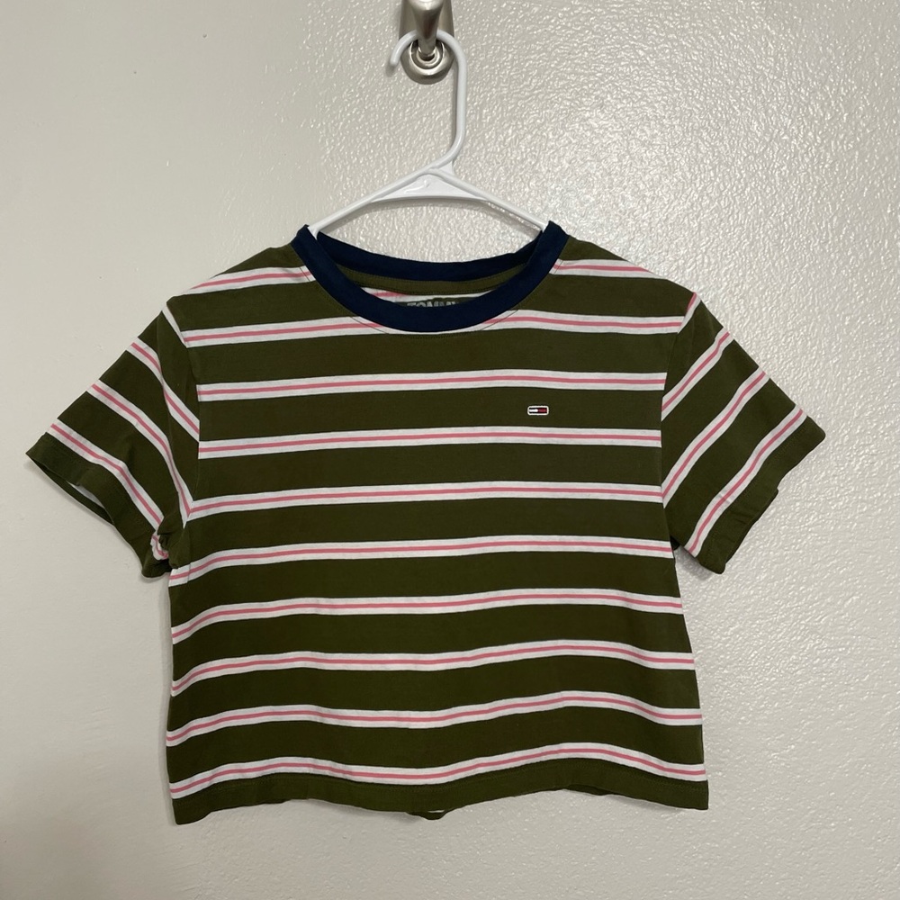 Tommy Hilfiger Olive and Pink Striped Crop Top